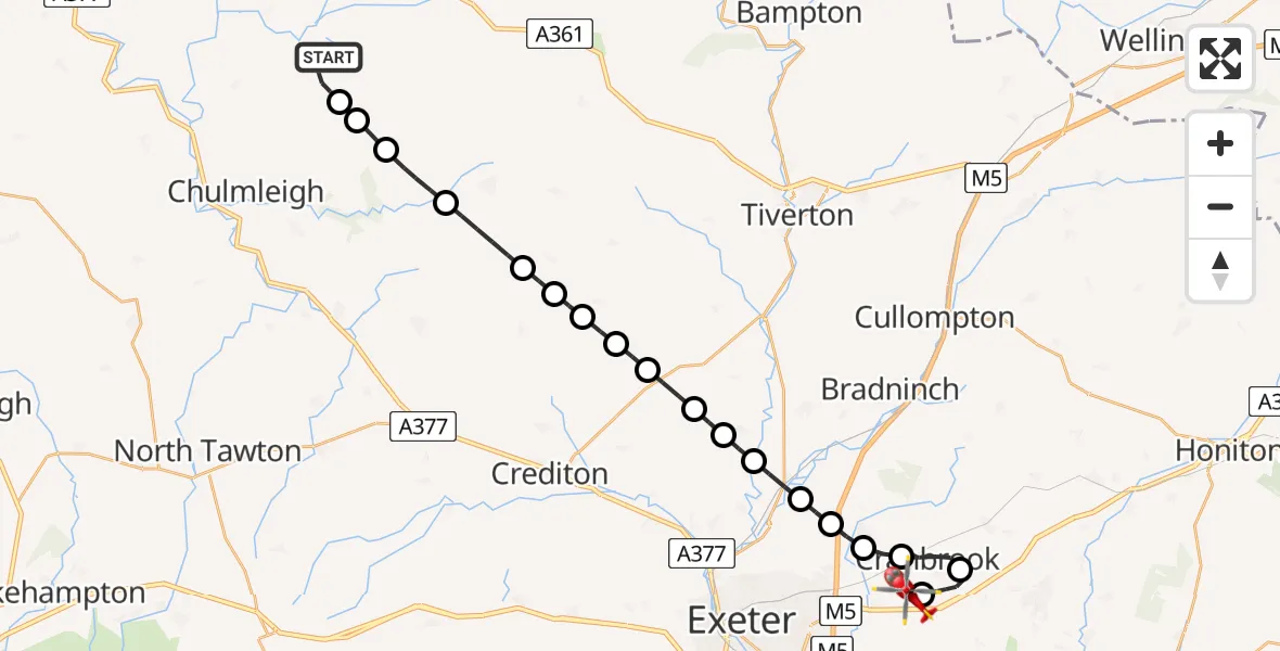 Flight route Air Ambulance Helicopter Romansleigh - Exeter International Airport, 15 August 2026, 22:24