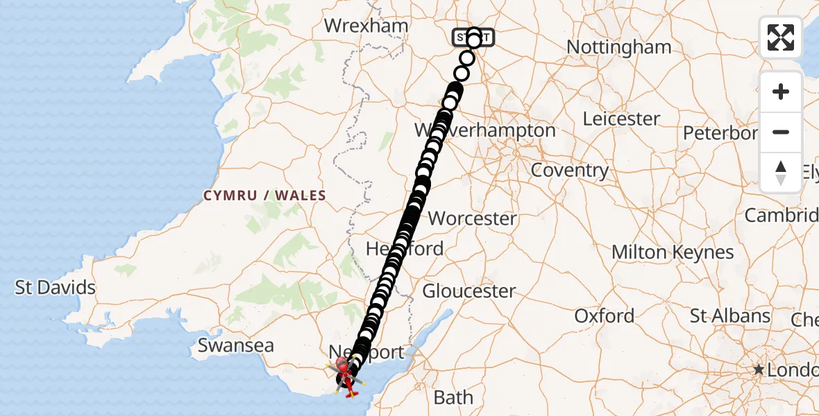 Flight route Air Ambulance Helicopter University Hospital North Staffs - Cardiff Heliport, 15 August 2026, 22:25