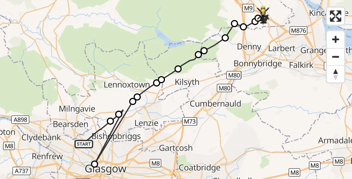 Flight route Police Helicopter Glasgow - Plean, 15 August 2026, 22:47