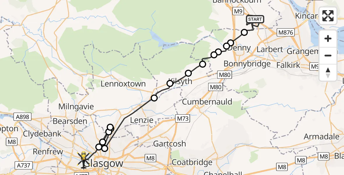 Flight route Police Helicopter Plean - Glasgow City Heliport, 15 August 2026, 23:14