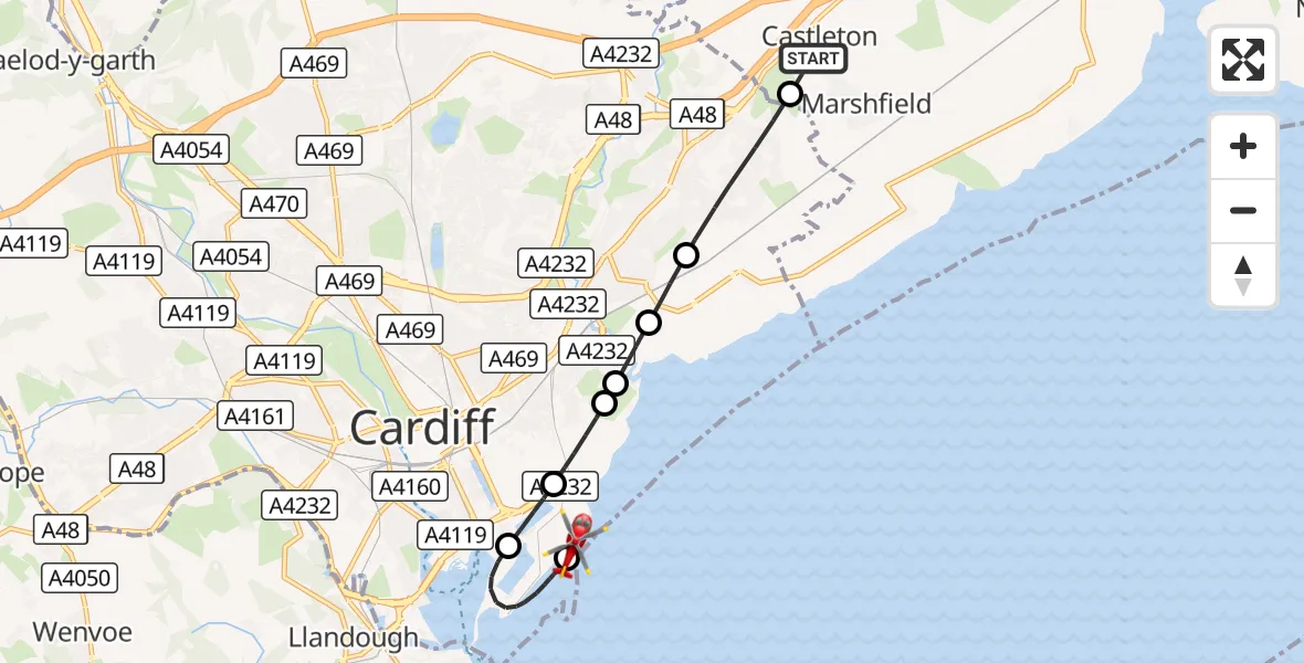 Flight route Air Ambulance Helicopter Castleton - Cardiff Heliport, 15 August 2026, 23:25