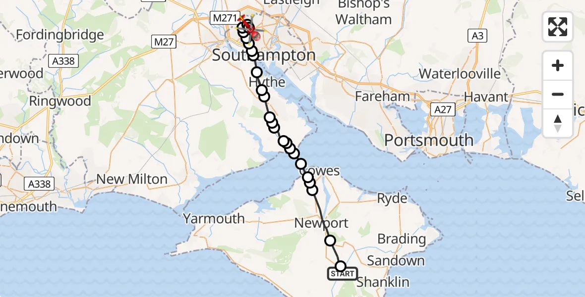 Flight route Air Ambulance Helicopter Godshill - University Hospital Southampton, 15 August 2026, 23:29