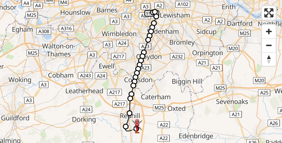 Flight route Air Ambulance Helicopter Kings College London Hospital - Redhill Aerodrome, 15 August 2026, 23:43