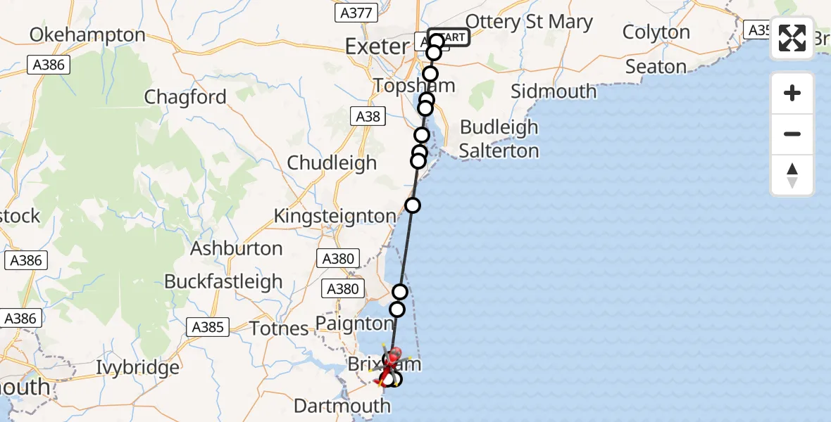 Flight route Air Ambulance Helicopter Exeter International Airport - Brixham, 15 August 2026, 23:46