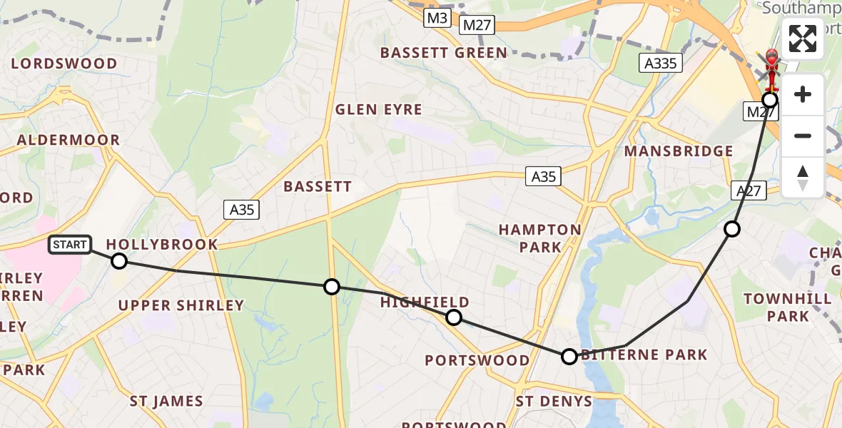 Flight route Air Ambulance Helicopter University Hospital Southampton - Southampton Airport, 16 August 2026, 00:42