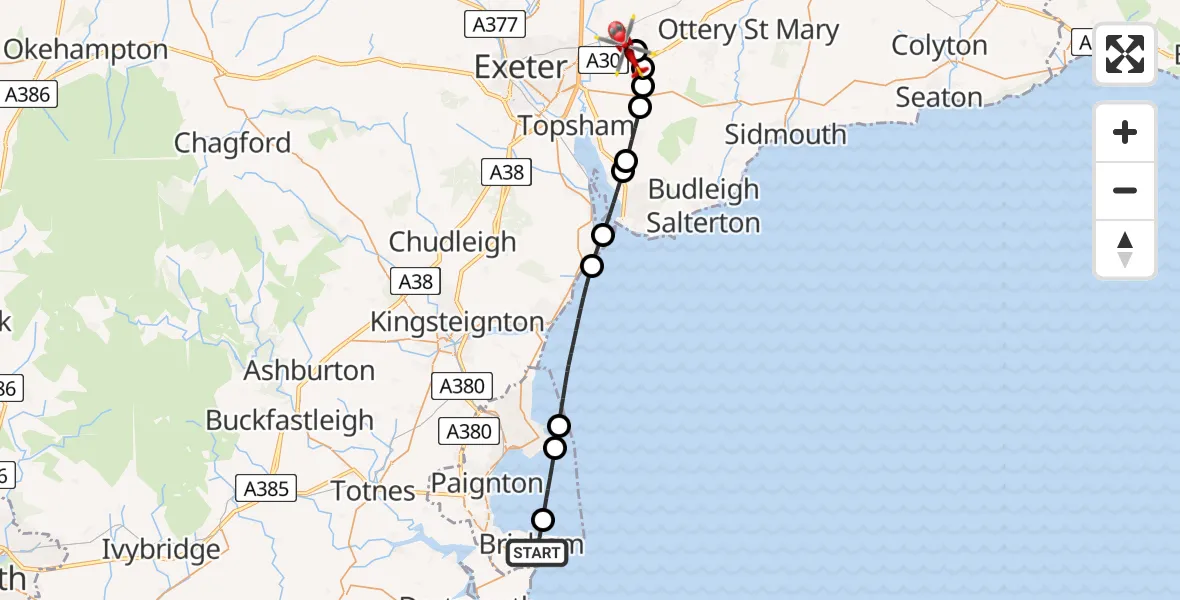 Flight route Air Ambulance Helicopter Brixham - Exeter International Airport, 16 August 2026, 01:12