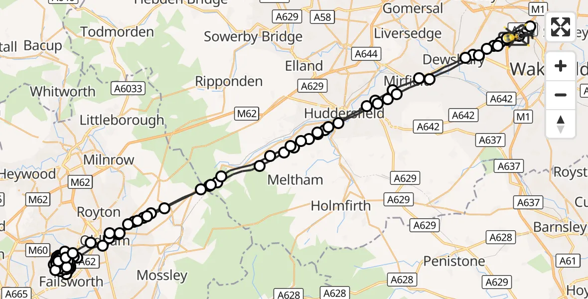 Flight route Police Helicopter East Ardsley - Wrenthorpe, 16 August 2026, 03:56