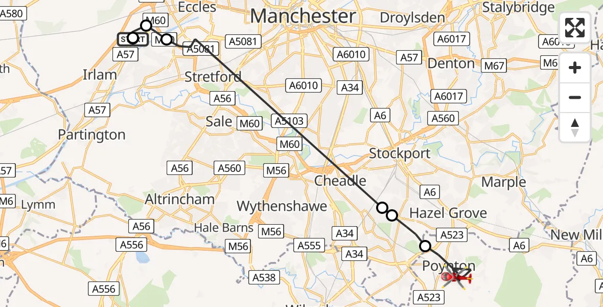 Flight route Air Ambulance Helicopter Manchester Barton Aerodrome - Poynton, 16 August 2026, 06:42