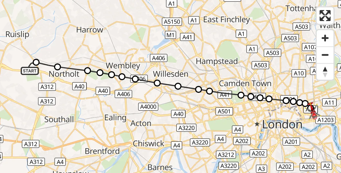 Flight route Air Ambulance Helicopter RAF Northolt - Royal London Hospital, 16 August 2026, 06:48
