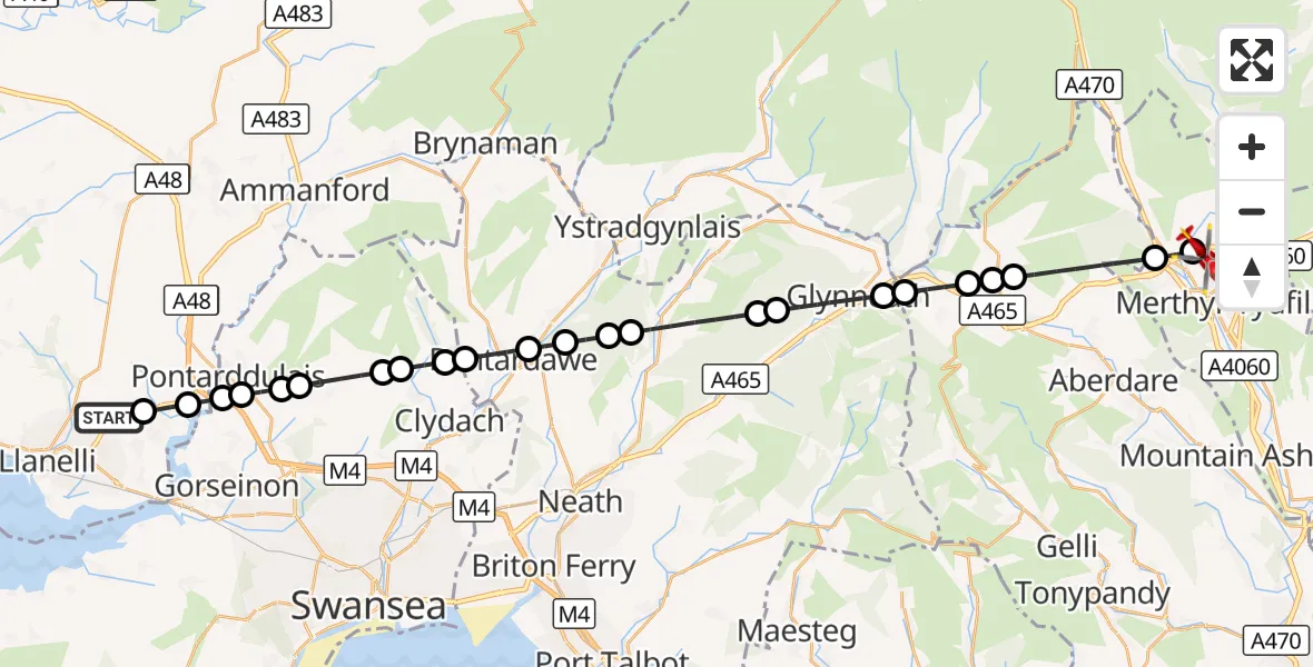 Flight route Air Ambulance Helicopter Dafen - Prince Charles Hospital Helipad, 16 August 2026, 07:43