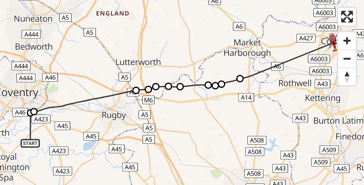 Flight route Air Ambulance Helicopter Warwick - Corby, 16 August 2026, 08:24