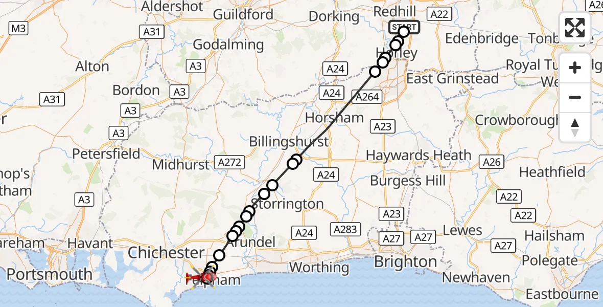 Flight route Air Ambulance Helicopter Redhill Aerodrome - Bognor Regis, 16 August 2026, 08:38