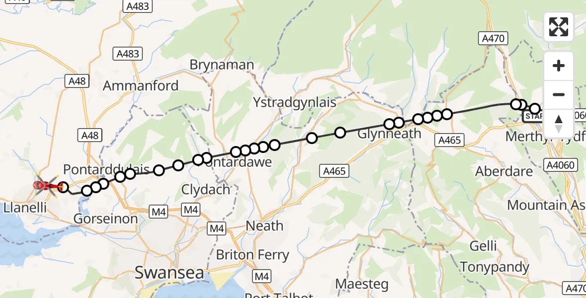 Flight route Air Ambulance Helicopter Pant - Dafen, 16 August 2026, 08:55