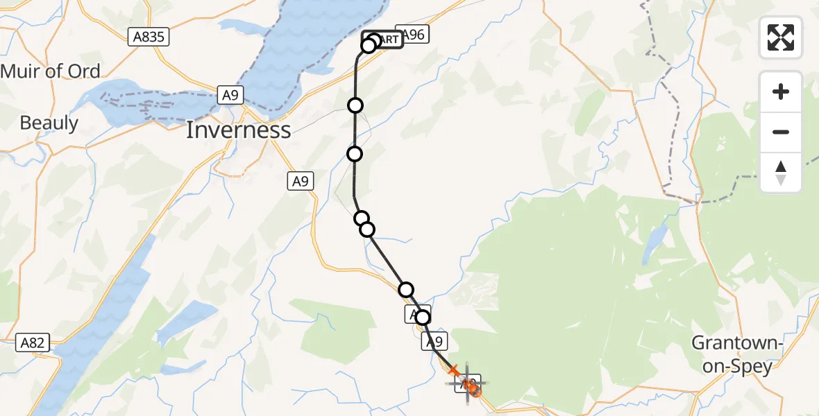 Flight route Coastguard Helicopter Inverness Airport - Tomatin, 16 August 2026, 08:58