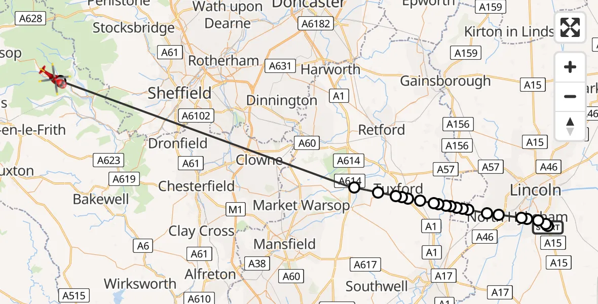 Flight route Air Ambulance Helicopter RAF Waddington - High Peak, 16 August 2026, 08:57