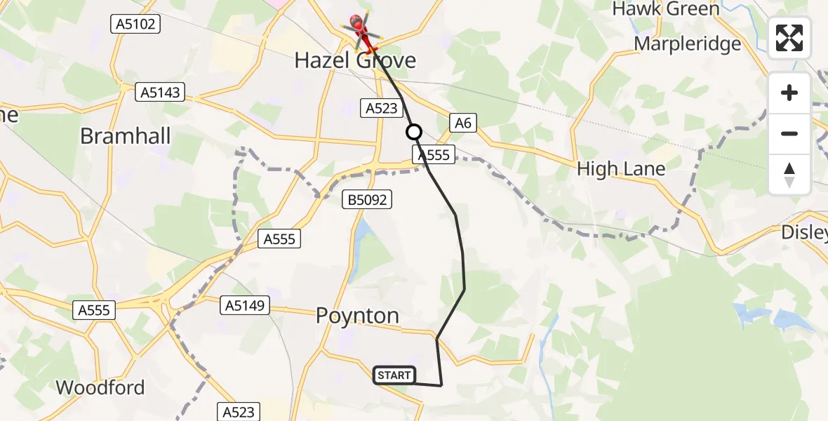 Flight route Air Ambulance Helicopter Poynton - Hazel Grove, 16 August 2026, 09:06