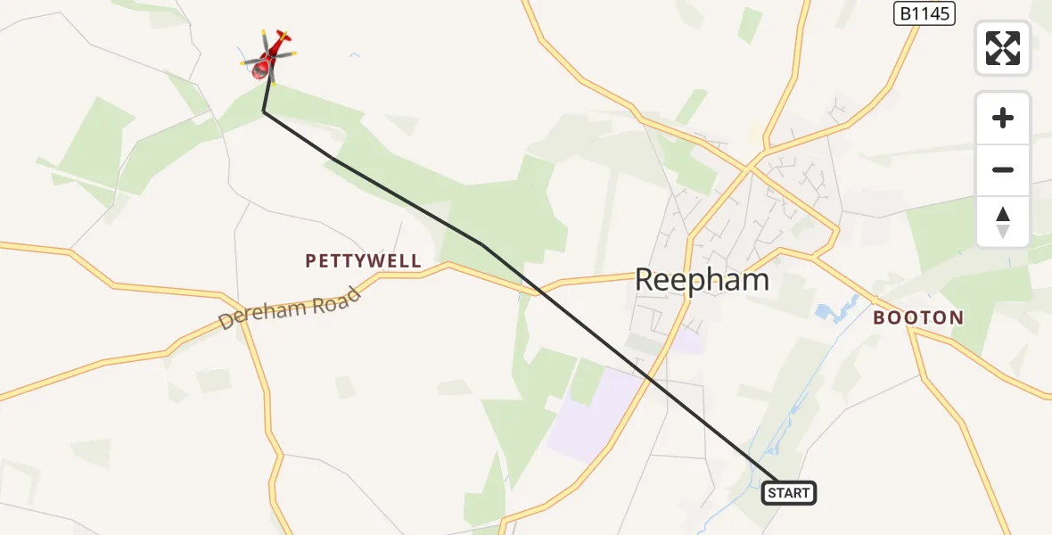 Flight route Air Ambulance Helicopter Reepham - Reepham, 16 August 2026, 09:23