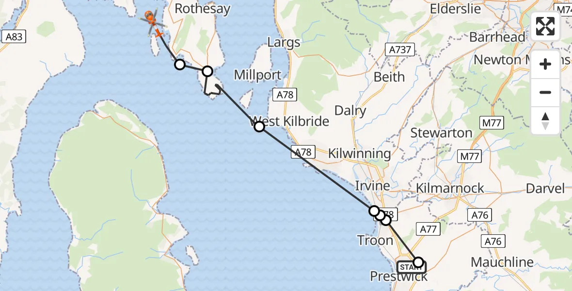 Flight route Coastguard Helicopter Glasgow Prestwick Airport - Inner Seas, 16 August 2026, 09:23