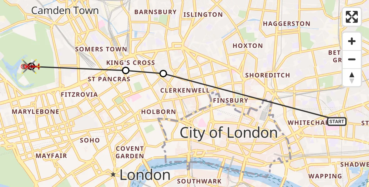 Flight route Air Ambulance Helicopter Royal London Hospital - Chalk Farm, 16 August 2026, 09:24