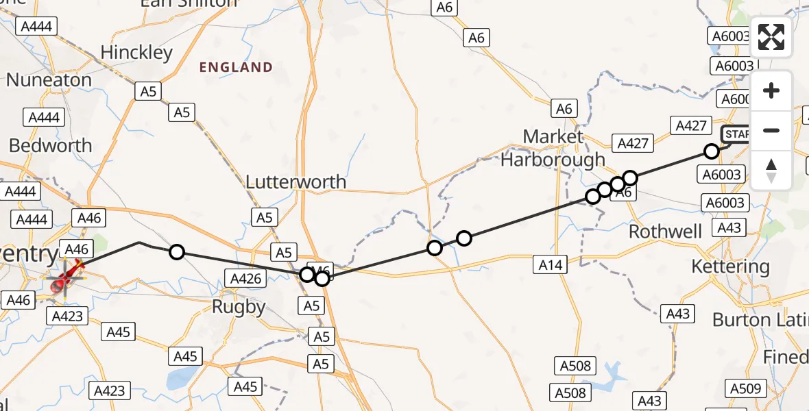 Flight route Air Ambulance Helicopter Corby - Binley, 16 August 2026, 09:44