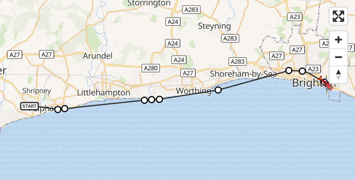 Flight route Air Ambulance Helicopter Bognor Regis - Brighton, 16 August 2026, 09:44