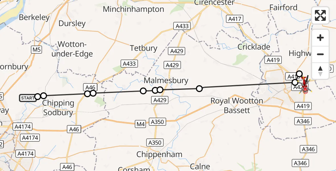 Flight route Air Ambulance Helicopter Latteridge - South Marston, 16 August 2026, 09:49