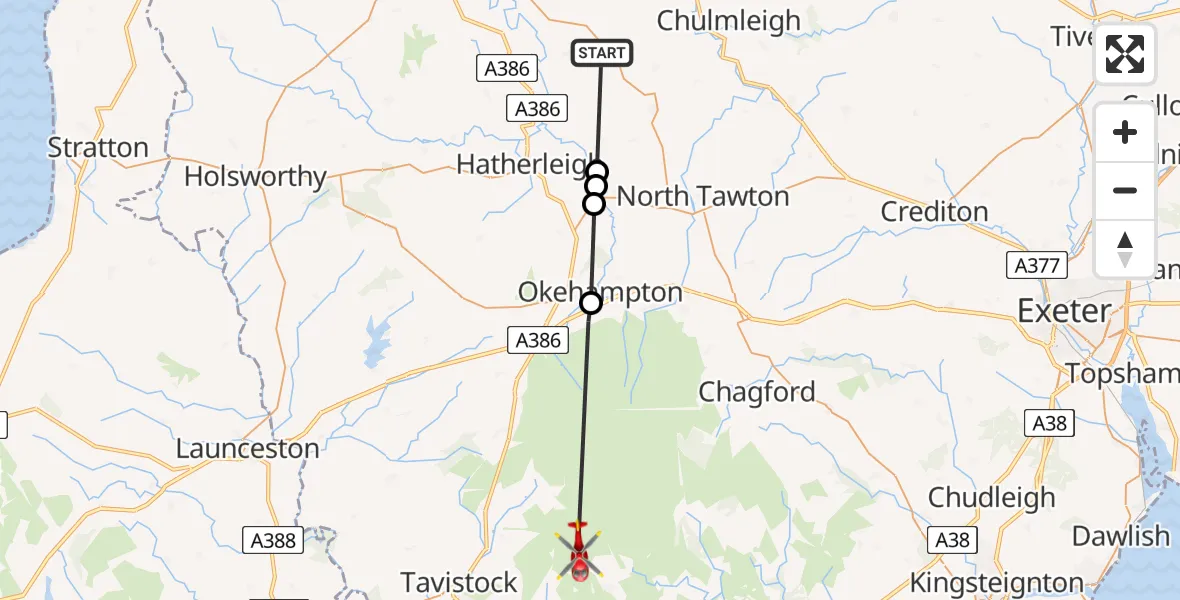 Flight route Air Ambulance Helicopter Dolton - West Devon, 16 August 2026, 09:52