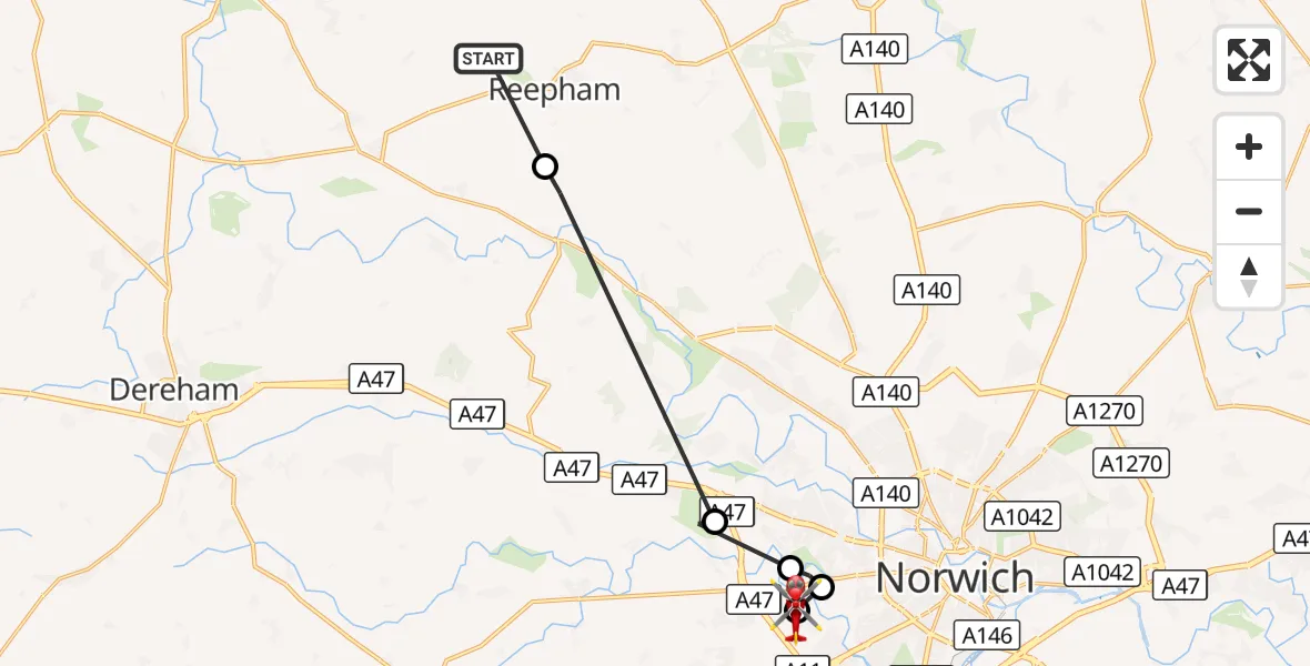 Flight route Air Ambulance Helicopter Reepham - Norfolk & Norwich Hospital, 16 August 2026, 09:55