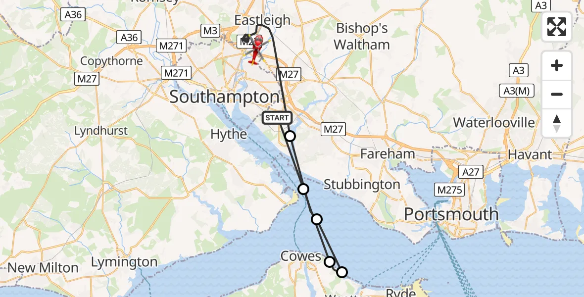 Flight route Air Ambulance Helicopter Eastleigh - Southampton Airport, 16 August 2026, 10:01