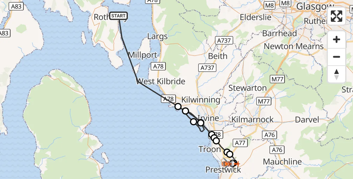 Flight route Coastguard Helicopter Inner Seas - Glasgow Prestwick Airport, 16 August 2026, 10:08