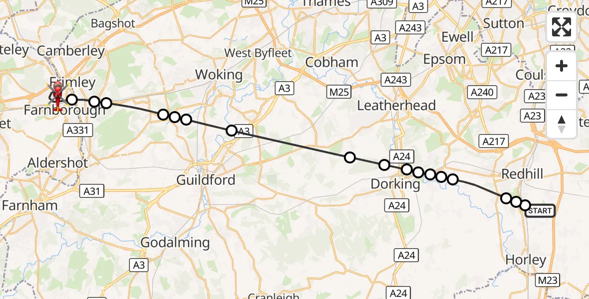 Flight route Air Ambulance Helicopter Redhill Aerodrome - Farnborough, 16 August 2026, 10:12