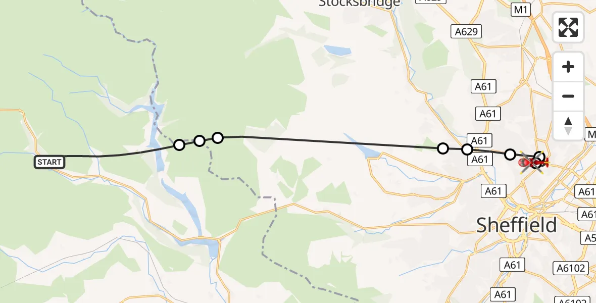 Flight route Air Ambulance Helicopter High Peak - Sheffield Northern Hospital, 16 August 2026, 10:14