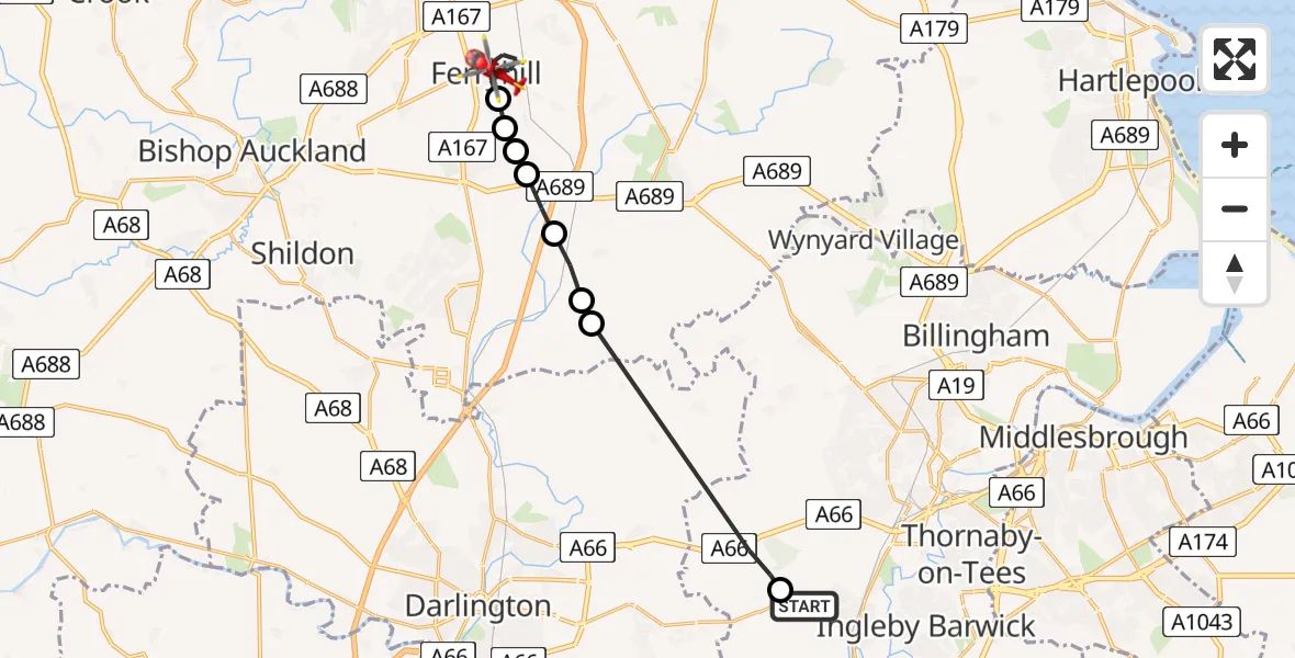 Flight route Air Ambulance Helicopter Egglescliffe - Ferryhill, 16 August 2026, 10:16