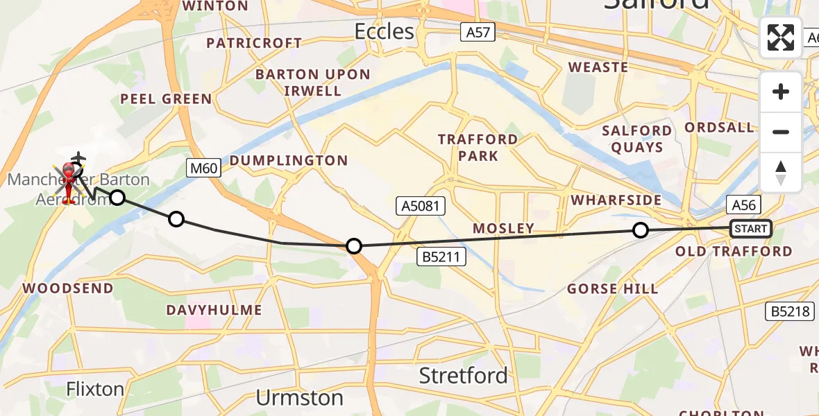 Flight route Air Ambulance Helicopter Old Trafford - Manchester Barton Aerodrome, 16 August 2026, 10:19