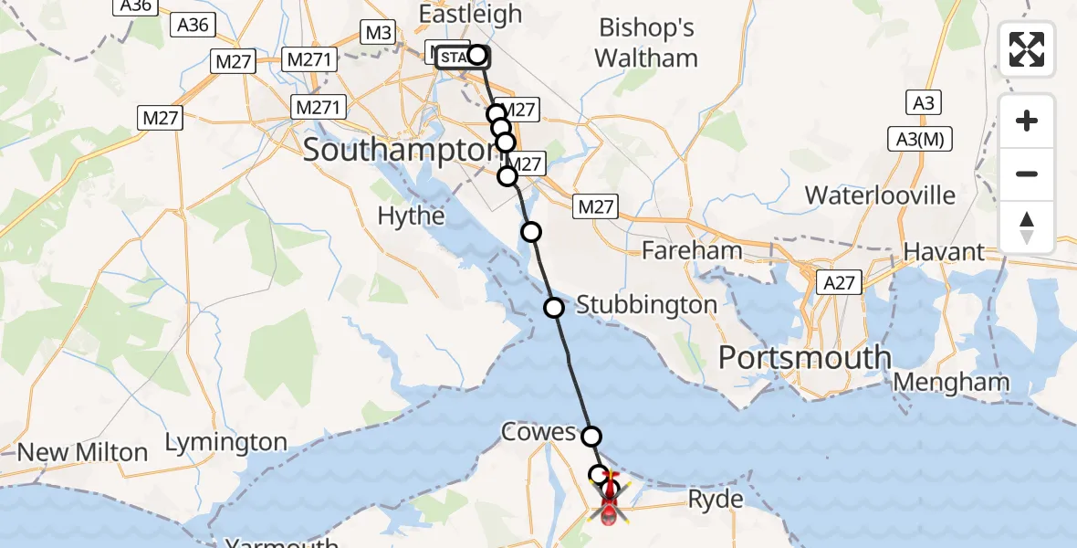 Flight route Air Ambulance Helicopter Southampton Airport - Wootton Bridge, 16 August 2026, 10:21