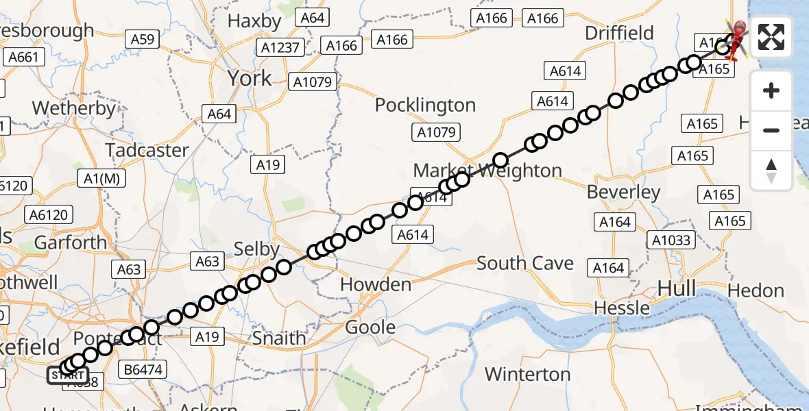 Flight route Air Ambulance Helicopter YAA Nostell Helicopter Port - Ulrome, 16 August 2026, 10:22