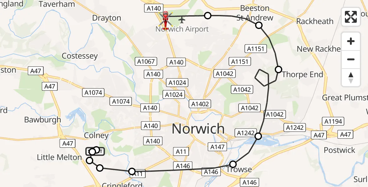 Flight route Air Ambulance Helicopter Norfolk & Norwich Hospital - Norwich Airport, 16 August 2026, 10:37