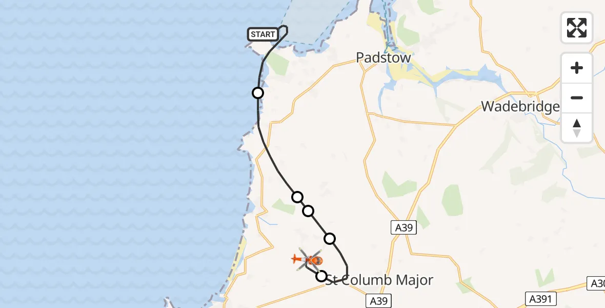 Flight route Coastguard Helicopter Constantine Bay - Cornwall Airport Newquay, 16 August 2026, 10:38