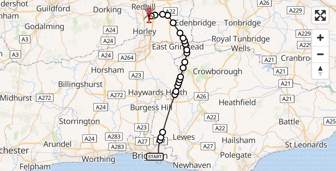 Flight route Air Ambulance Helicopter Brighton - Redhill Aerodrome, 16 August 2026, 10:38