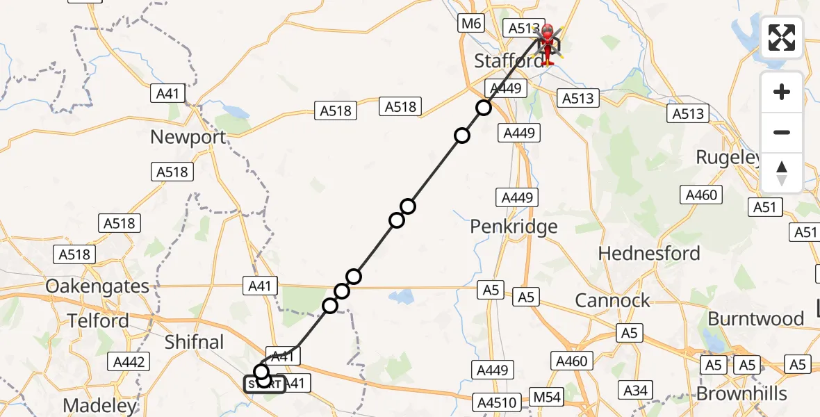 Flight route Air Ambulance Helicopter RAF Cosford - Stafford, 16 August 2026, 10:43