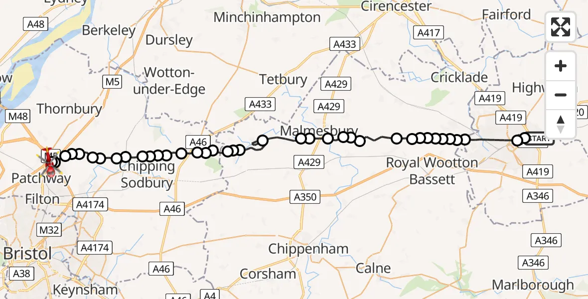 Flight route Air Ambulance Helicopter South Marston - Almondsbury Helicopter Base, 16 August 2026, 11:00