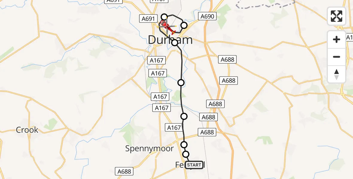 Flight route Air Ambulance Helicopter Ferryhill - Durham, 16 August 2026, 11:05