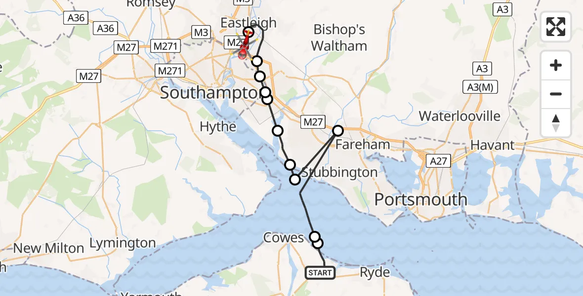 Flight route Air Ambulance Helicopter Wootton Bridge - Southampton Airport, 16 August 2026, 11:07