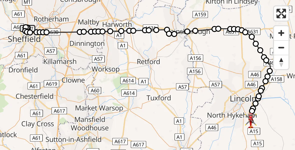 Flight route Air Ambulance Helicopter Sheffield Northern Hospital - North Kesteven, 16 August 2026, 11:08