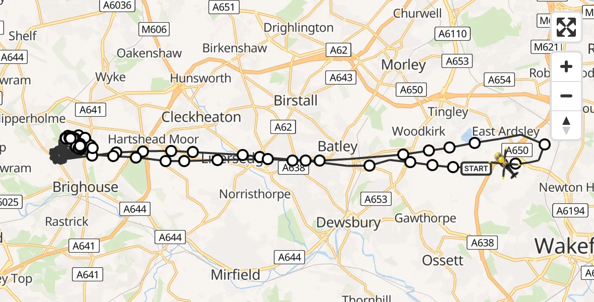 Flight route Police Helicopter Woodkirk - Wrenthorpe, 16 August 2026, 11:09