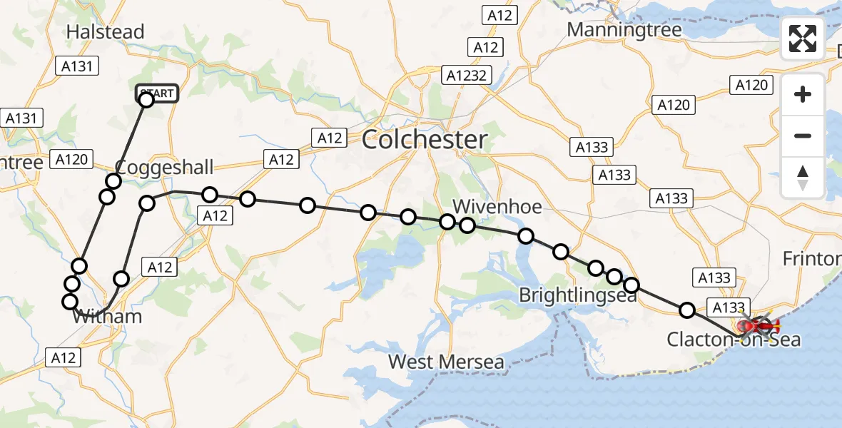 Flight route Air Ambulance Helicopter Earls Colne Airfield - Clacton-on-Sea, 16 August 2026, 11:18