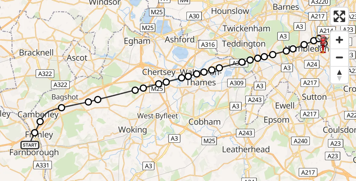 Flight route Air Ambulance Helicopter Farnborough - St Georges Hospital, 16 August 2026, 11:19