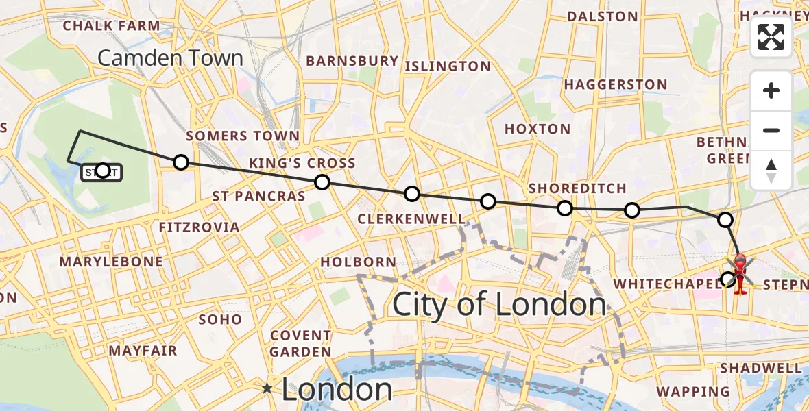 Flight route Air Ambulance Helicopter City of Westminster - Stepney, 16 August 2026, 11:22