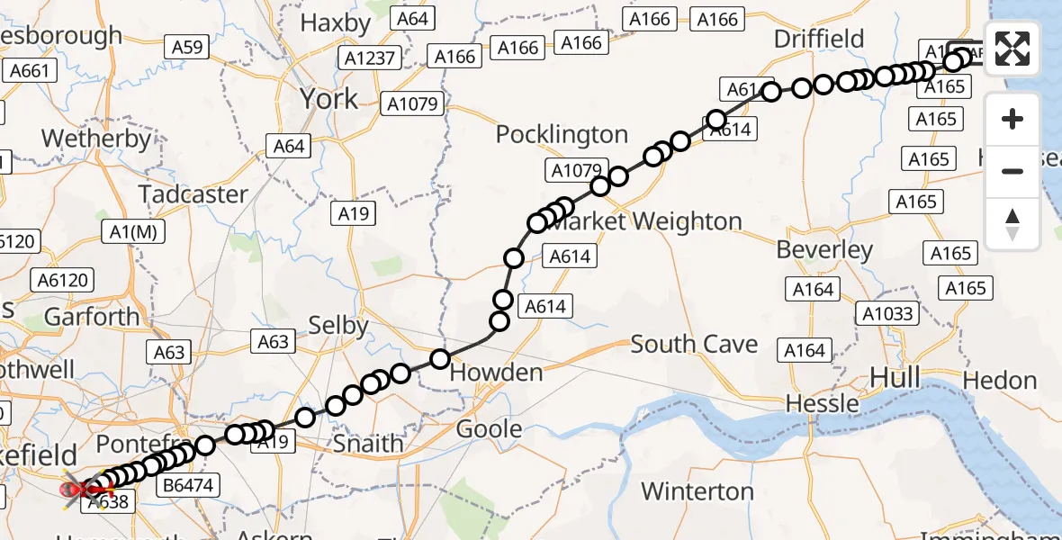Flight route Air Ambulance Helicopter Ulrome - YAA Nostell Helicopter Port, 16 August 2026, 11:22
