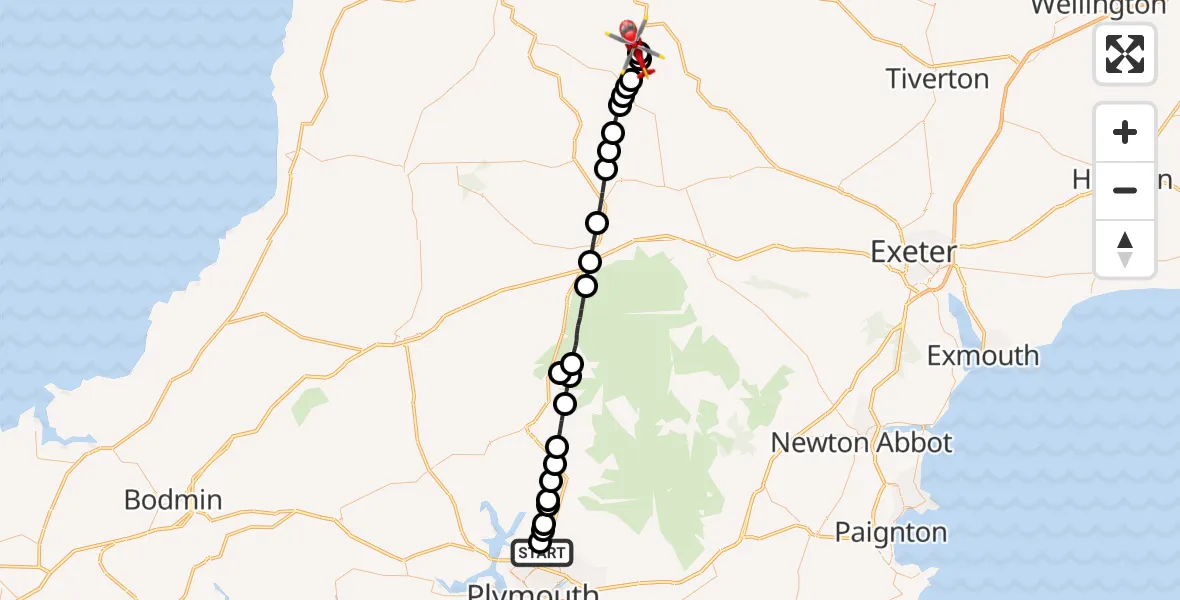 Flight route Air Ambulance Helicopter Crownhill - Burrington, 16 August 2026, 11:32